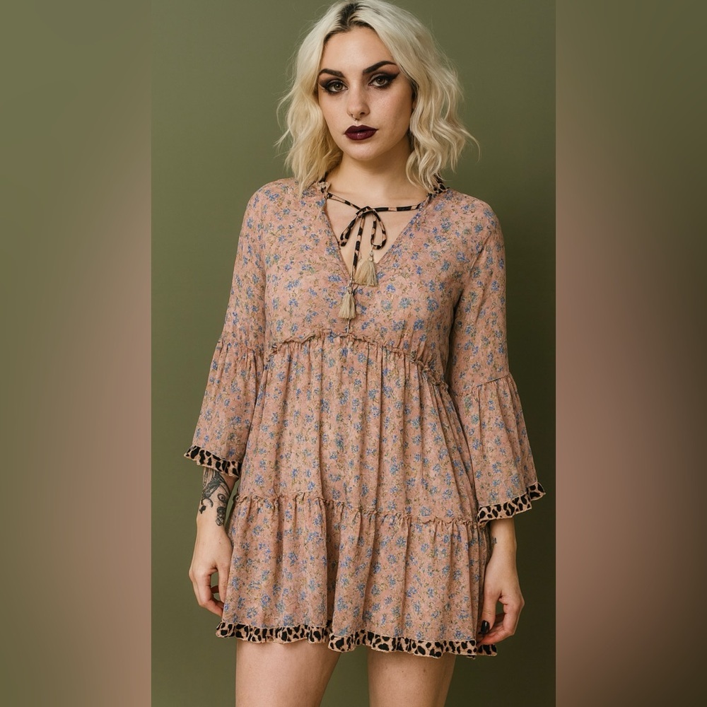 Umgee Leopard Trim Floral Boho Dress Tassel Tie 3/4 Sleeve Cottagecore Large - Picture 2 of 8